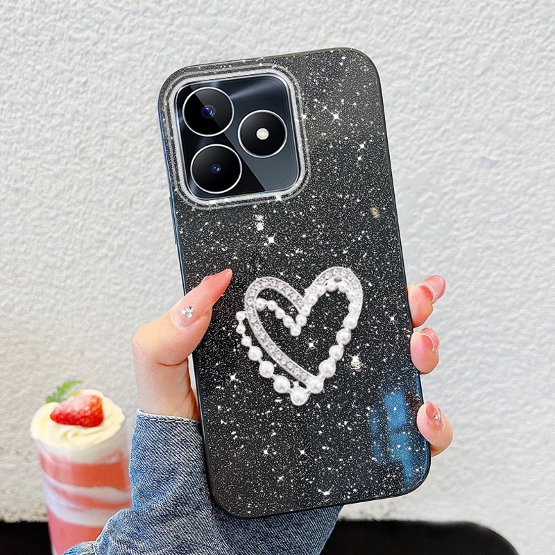 YBD Đơn Giản Ngọc Trai Trái Tim Ốp Lưng Điện Thoại Realme C53 C51 C63 C61 C65S 4G Realme Note 50 Note 60 60X Realme Note 70 70T Shining Kim Cương Giả Vỏ Cô Gái Mới