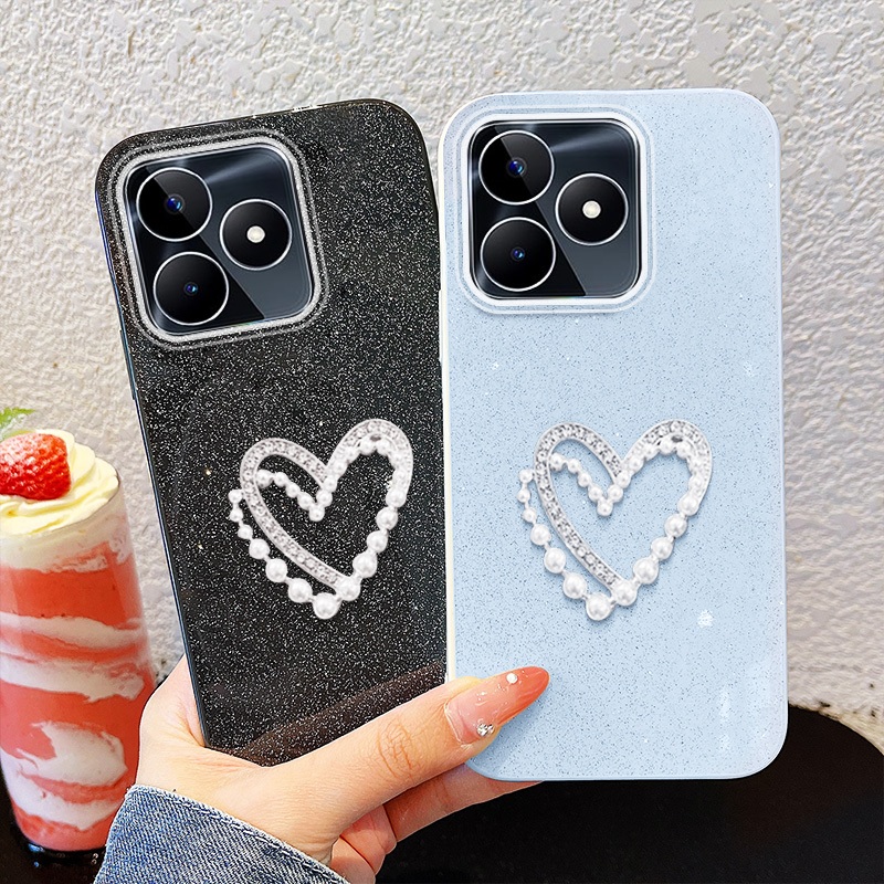 YBD Đơn Giản Ngọc Trai Trái Tim Ốp Lưng Điện Thoại Realme C53 C51 C63 C61 C65S 4G Realme Note 50 Note 60 60X Realme Note 70 70T Shining Kim Cương Giả Vỏ Cô Gái Mới