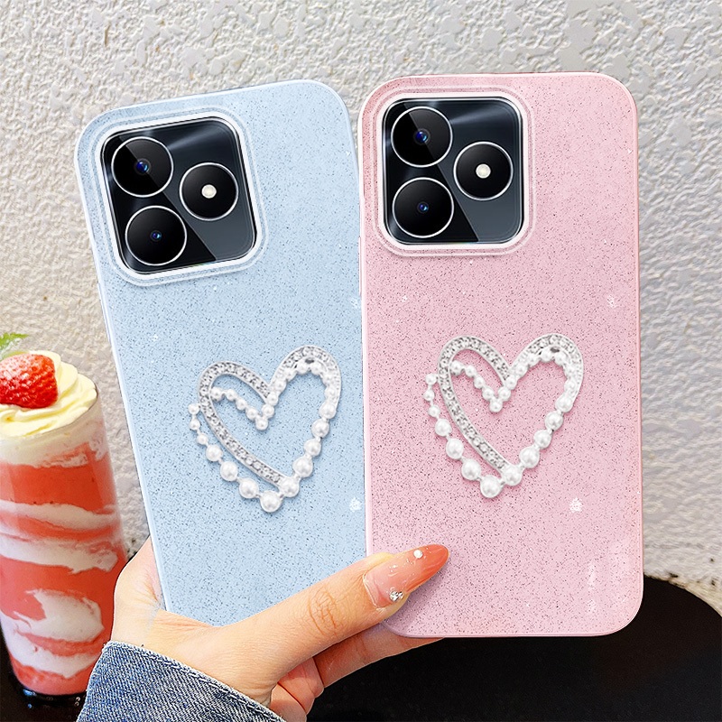 YBD Đơn Giản Ngọc Trai Trái Tim Ốp Lưng Điện Thoại Realme C53 C51 C63 C61 C65S 4G Realme Note 50 Note 60 60X Realme Note 70 70T Shining Kim Cương Giả Vỏ Cô Gái Mới