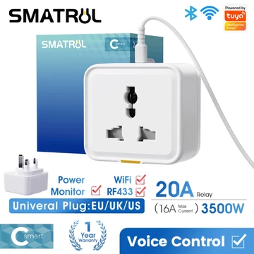 SMATRUL Màn Hình Nguồn 16A Đa Năng Tuya Wifi Ổ Cắm Thông Minh Us To Eu Uk Cắm Ổ Cắm Adapter Thời Gian Cuộc Sống Thông Minh Ứng Dụng Điện Thoại