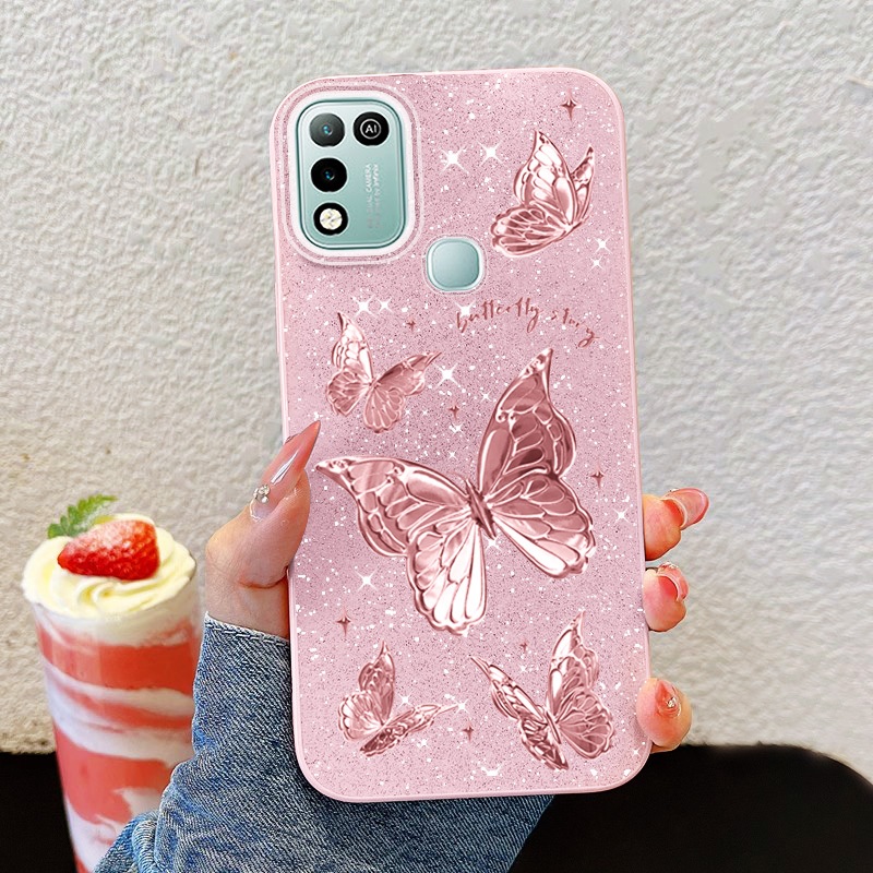 YBD Cho Infinix Hot 10 11 Play Smart 5 Smart 6 Plus Hot 10 Lite X657C X657 X657B X6823 X6823C X688B X688C Vỏ Điện Thoại Mềm Đầy Màu Sắc Bột Lấp Lánh Sợi Lông Vũ Bướm Bạc