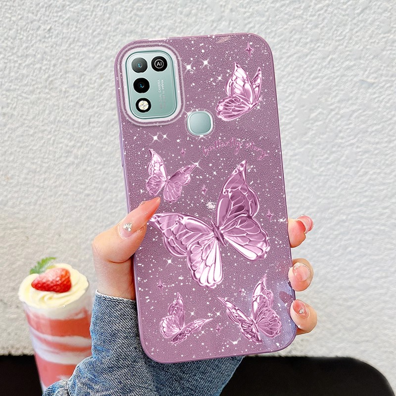 YBD Cho Infinix Hot 10 11 Play Smart 5 Smart 6 Plus Hot 10 Lite X657C X657 X657B X6823 X6823C X688B X688C Vỏ Điện Thoại Mềm Đầy Màu Sắc Bột Lấp Lánh Sợi Lông Vũ Bướm Bạc