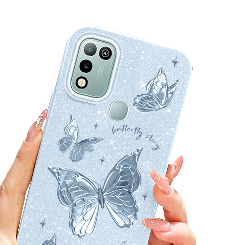 YBD Cho Infinix Hot 10 11 Play Smart 5 Smart 6 Plus Hot 10 Lite X657C X657 X657B X6823 X6823C X688B X688C Vỏ Điện Thoại Mềm Đầy Màu Sắc Bột Lấp Lánh Sợi Lông Vũ Bướm Bạc