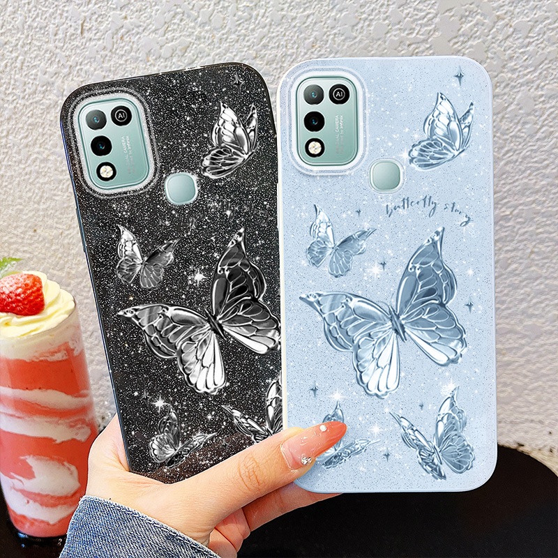 YBD Cho Infinix Hot 10 11 Play Smart 5 Smart 6 Plus Hot 10 Lite X657C X657 X657B X6823 X6823C X688B X688C Vỏ Điện Thoại Mềm Đầy Màu Sắc Bột Lấp Lánh Sợi Lông Vũ Bướm Bạc