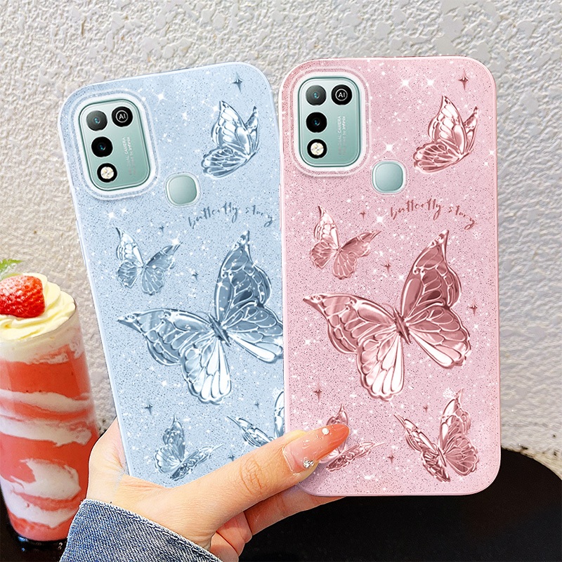 YBD Cho Infinix Hot 10 11 Play Smart 5 Smart 6 Plus Hot 10 Lite X657C X657 X657B X6823 X6823C X688B X688C Vỏ Điện Thoại Mềm Đầy Màu Sắc Bột Lấp Lánh Sợi Lông Vũ Bướm Bạc