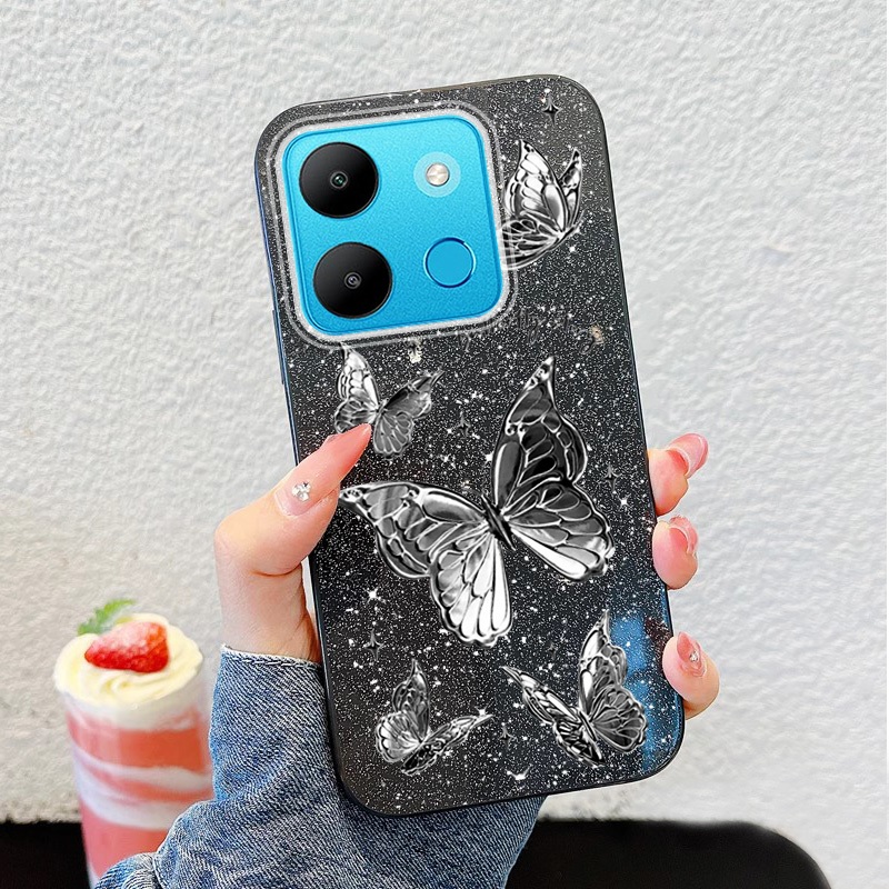 YBD Dành Cho Infinix Smart 7 HD Tecno Spark Go 2023 Pop 7 Pro BF7n BF6 BF7 BF7h X6515 X6516 Vỏ Điện Thoại Mềm Bột Lấp Lánh Nhiều Màu Sắc Lông Vũ Sợi Bướm Bạc