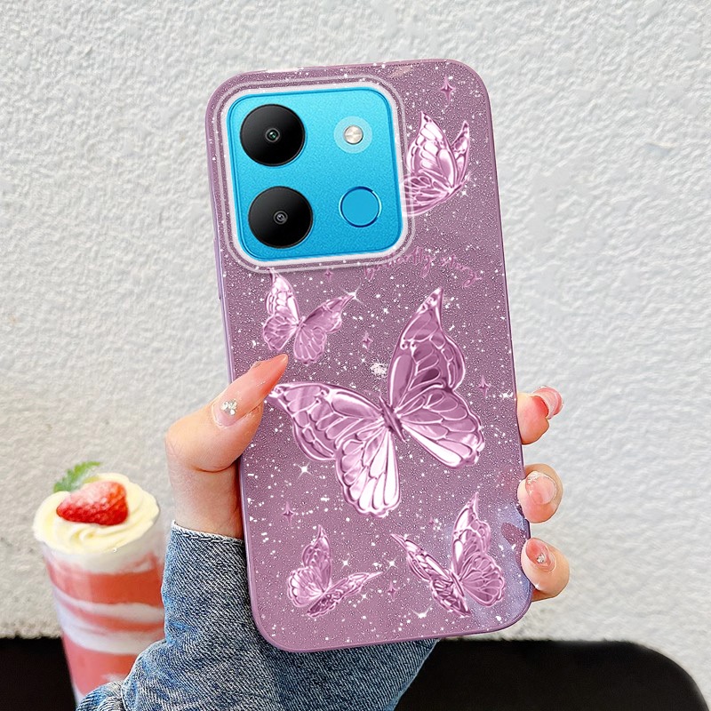 YBD Dành Cho Infinix Smart 7 HD Tecno Spark Go 2023 Pop 7 Pro BF7n BF6 BF7 BF7h X6515 X6516 Vỏ Điện Thoại Mềm Bột Lấp Lánh Nhiều Màu Sắc Lông Vũ Sợi Bướm Bạc