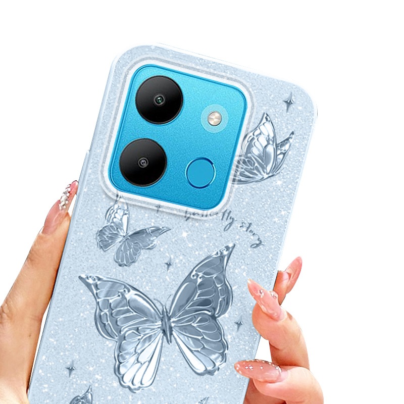 YBD Dành Cho Infinix Smart 7 HD Tecno Spark Go 2023 Pop 7 Pro BF7n BF6 BF7 BF7h X6515 X6516 Vỏ Điện Thoại Mềm Bột Lấp Lánh Nhiều Màu Sắc Lông Vũ Sợi Bướm Bạc