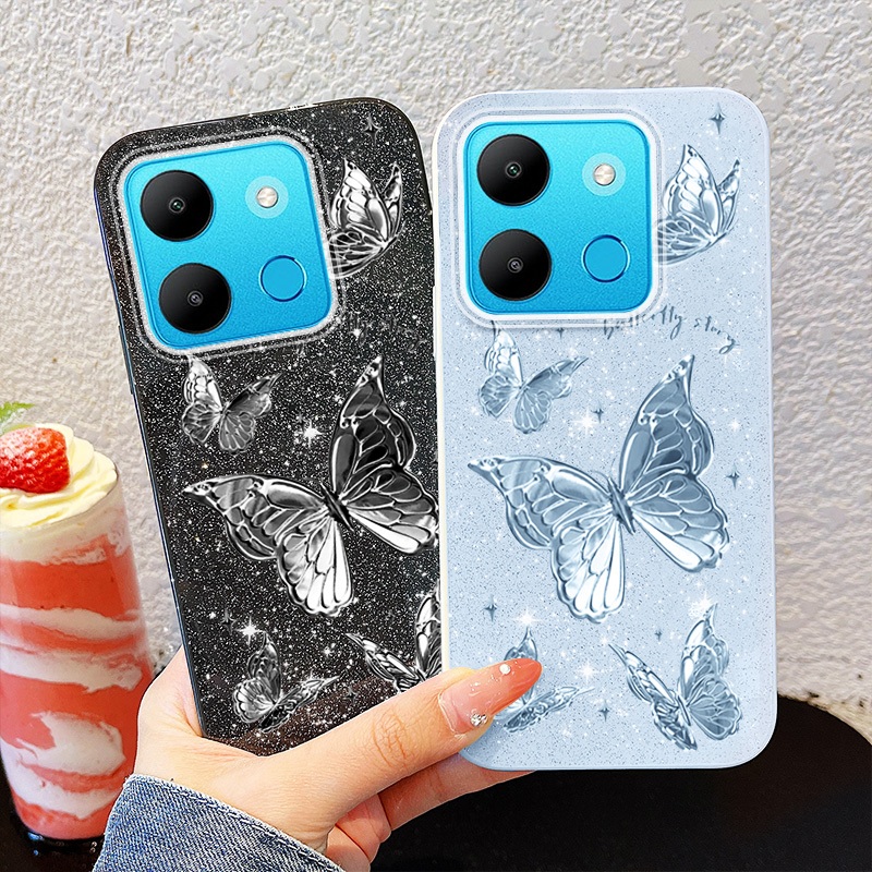 YBD Dành Cho Infinix Smart 7 HD Tecno Spark Go 2023 Pop 7 Pro BF7n BF6 BF7 BF7h X6515 X6516 Vỏ Điện Thoại Mềm Bột Lấp Lánh Nhiều Màu Sắc Lông Vũ Sợi Bướm Bạc