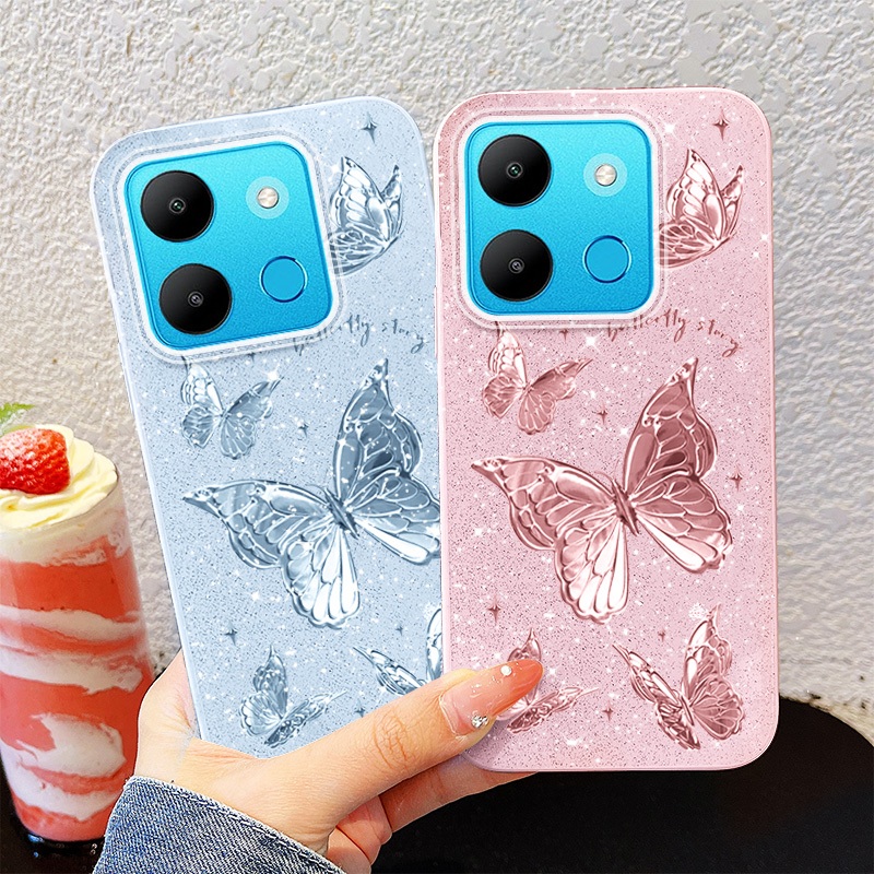 YBD Dành Cho Infinix Smart 7 HD Tecno Spark Go 2023 Pop 7 Pro BF7n BF6 BF7 BF7h X6515 X6516 Vỏ Điện Thoại Mềm Bột Lấp Lánh Nhiều Màu Sắc Lông Vũ Sợi Bướm Bạc