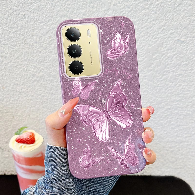 YBD Cho OPPO Realme C71 C75X C75 4G Realme 14X 5G (Mã Lai) Vỏ Điện Thoại Mềm Đầy Màu Sắc Bột Lấp Lánh Sợi Lông Vũ Bướm Bạc