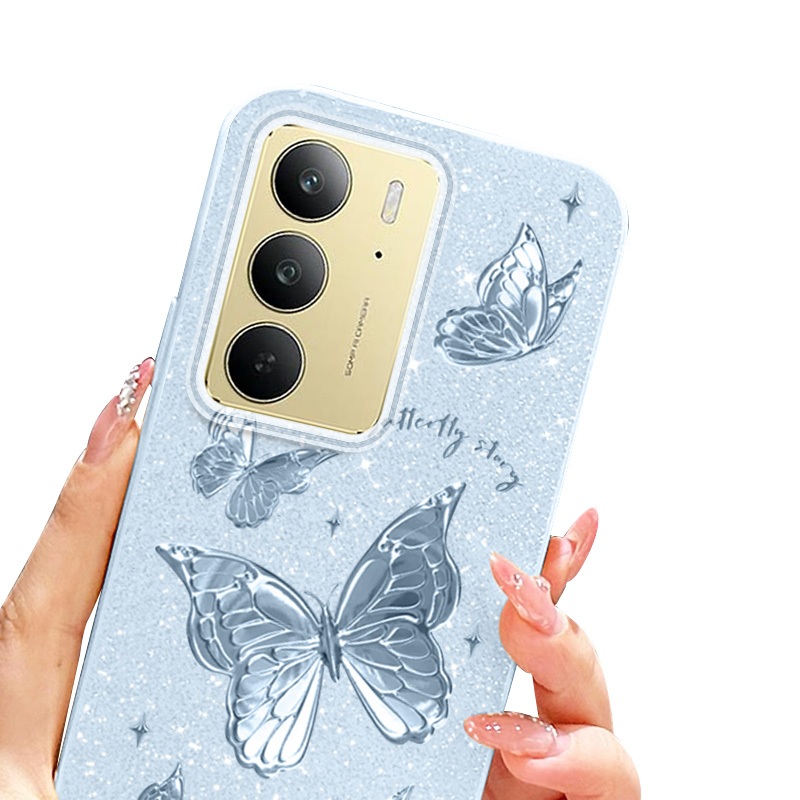 YBD Cho OPPO Realme C71 C75X C75 4G Realme 14X 5G (Mã Lai) Vỏ Điện Thoại Mềm Đầy Màu Sắc Bột Lấp Lánh Sợi Lông Vũ Bướm Bạc
