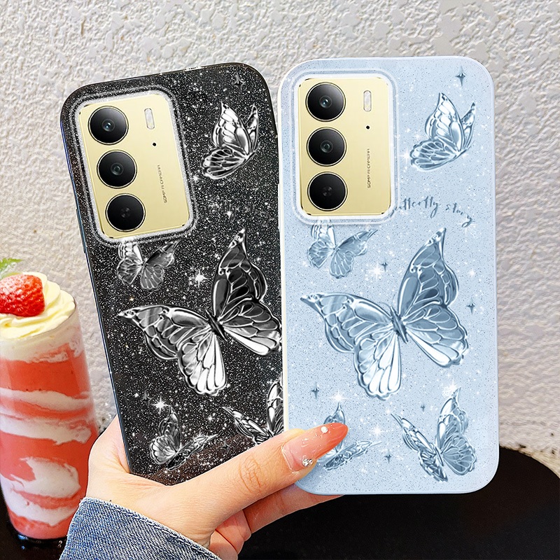 YBD Cho OPPO Realme C71 C75X C75 4G Realme 14X 5G (Mã Lai) Vỏ Điện Thoại Mềm Đầy Màu Sắc Bột Lấp Lánh Sợi Lông Vũ Bướm Bạc