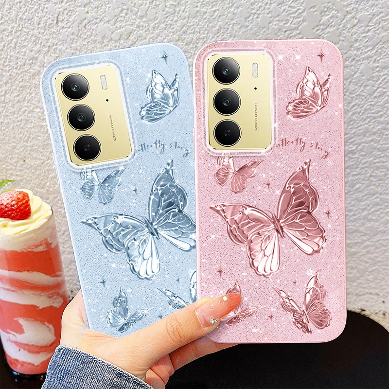 YBD Cho OPPO Realme C71 C75X C75 4G Realme 14X 5G (Mã Lai) Vỏ Điện Thoại Mềm Đầy Màu Sắc Bột Lấp Lánh Sợi Lông Vũ Bướm Bạc