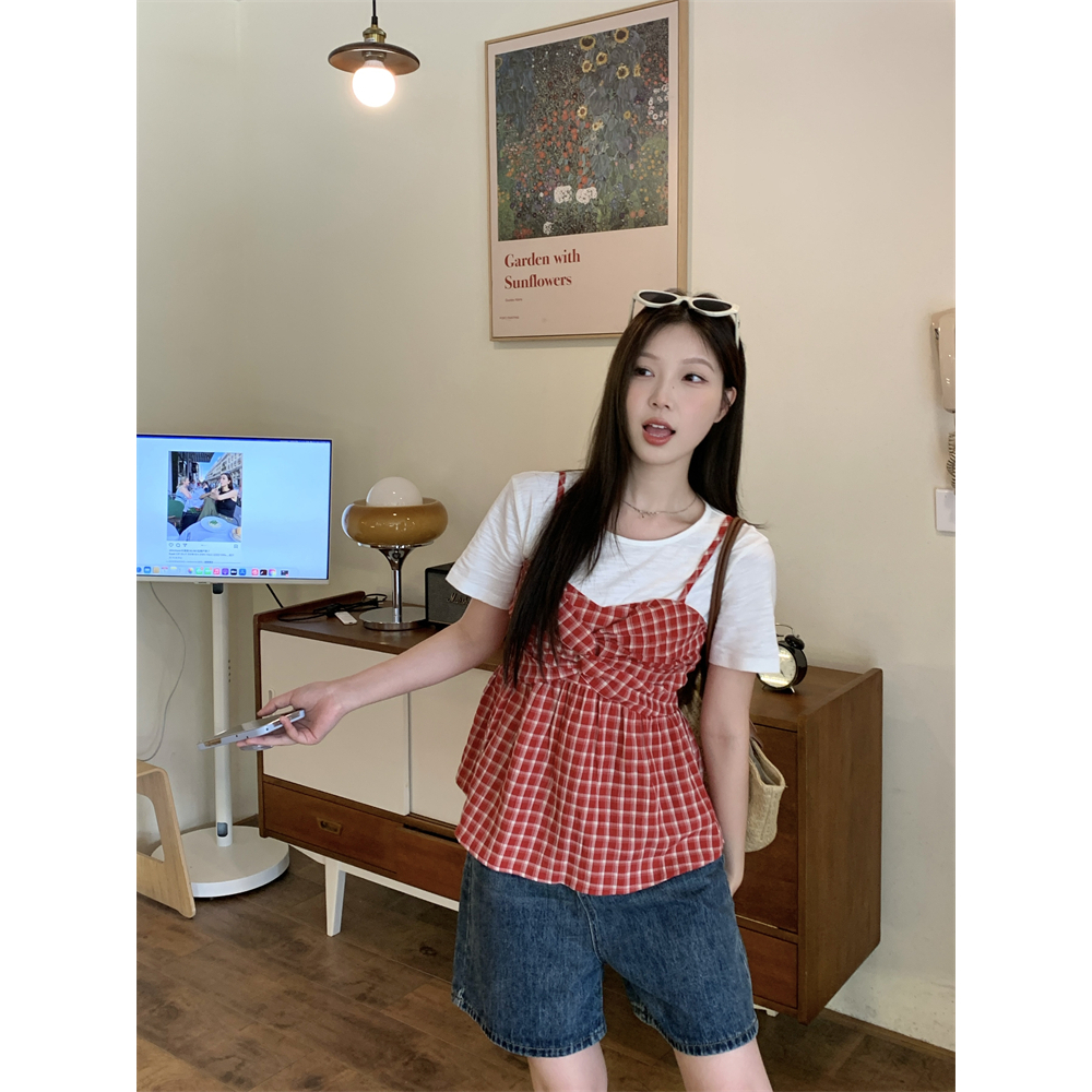 [BANKO] Áo thun ngắn tay kẻ sọc đỏ giả hai mảnh phiên bản Hàn Quốc dành cho nữ mùa hè