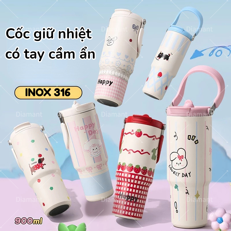 cốc giữ nhiệt cốc nước ống hút hoạt 900ml thiết kế dễ thương giữ nhiệt tuyệt vời tay cầm tiện lợi