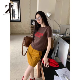 ZHELIHANGFEI Áo len ngắn tay cổ tròn màu sắc tương phản Retro của Mỹ