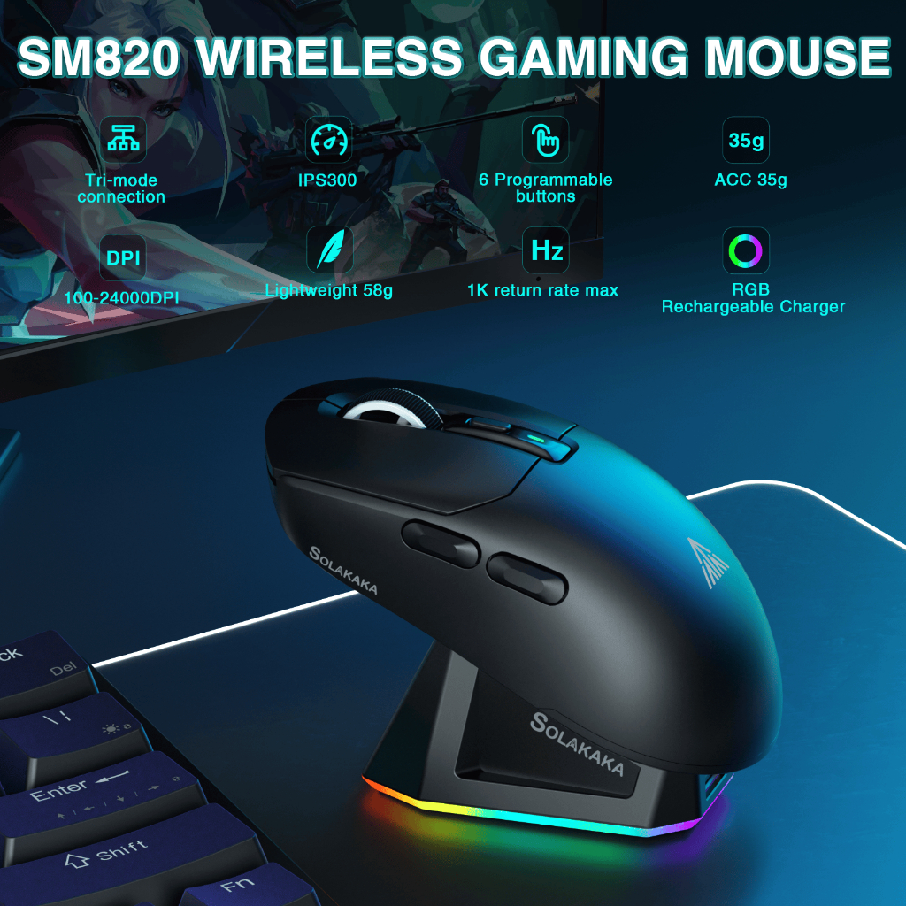 Chuột không dây SOLAKA SM820 Bluetooth / 2.4G / USB-C 24000 DPI 600mAh Sạc nhanh RGB Dock 62g Chuột nhẹ | BigBuy360 - bigbuy360.vn
