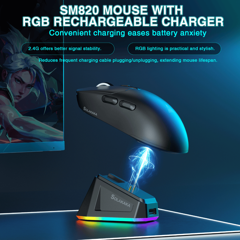 Chuột không dây SOLAKA SM820 Bluetooth / 2.4G / USB-C 24000 DPI 600mAh Sạc nhanh RGB Dock 62g Chuột nhẹ | BigBuy360 - bigbuy360.vn