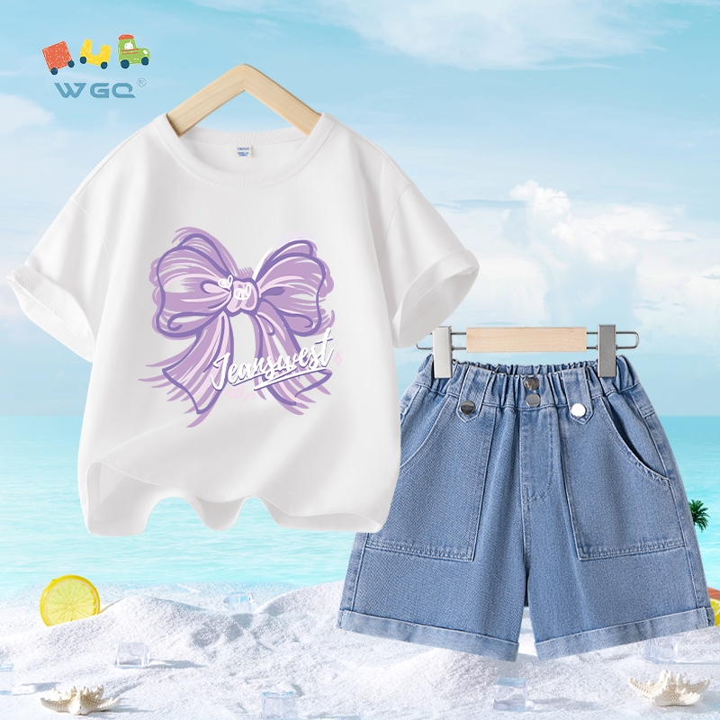 W.G.Q  Bộ đồ bé gái  , áo thun và quần short Denim, dáng rộng thoải mái với in nơ