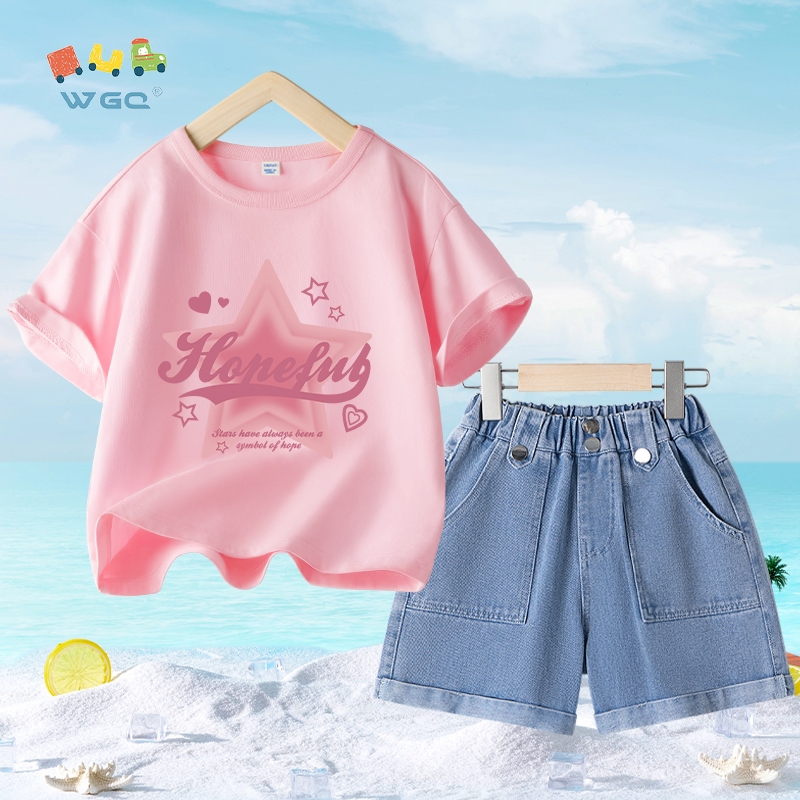 W.G.Q  Bộ đồ bé gái , áo thun và quần short Denim, dáng rộng thoải mái với in hình ngôi sao năm cánh
