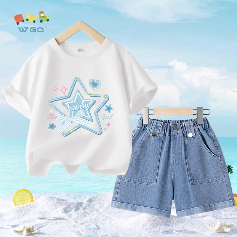 W.G.Q  Bộ đồ bé gái , áo thun và quần short Denim, dáng rộng thoải mái với in hình ngôi sao năm cánh