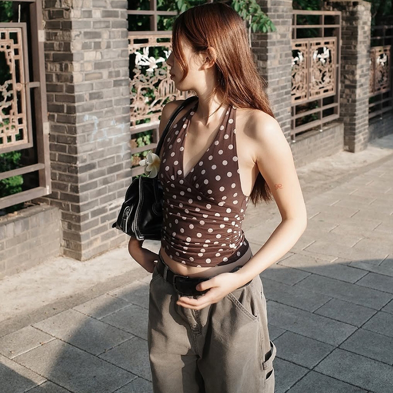Cutenew Dây Sóng Điểm Vest Sâu V Tắt Vai Chắp Vá Ruched Lưng Skinny Nữ Thời Trang Gợi Cảm Đa Năng Phong Cách