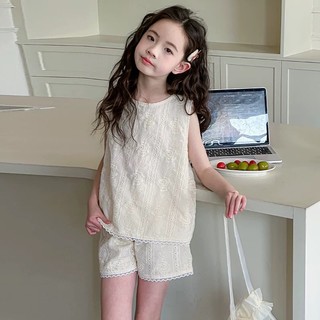 MuyoNowo Girls Mùa Hè Sợi Ren Không Tay Hai Bộ Trang Phục Trẻ Em