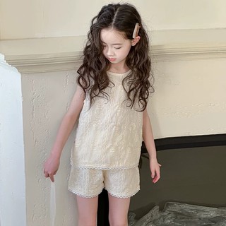 MuyoNowo Girls Mùa Hè Sợi Ren Không Tay Hai Bộ Trang Phục Trẻ Em