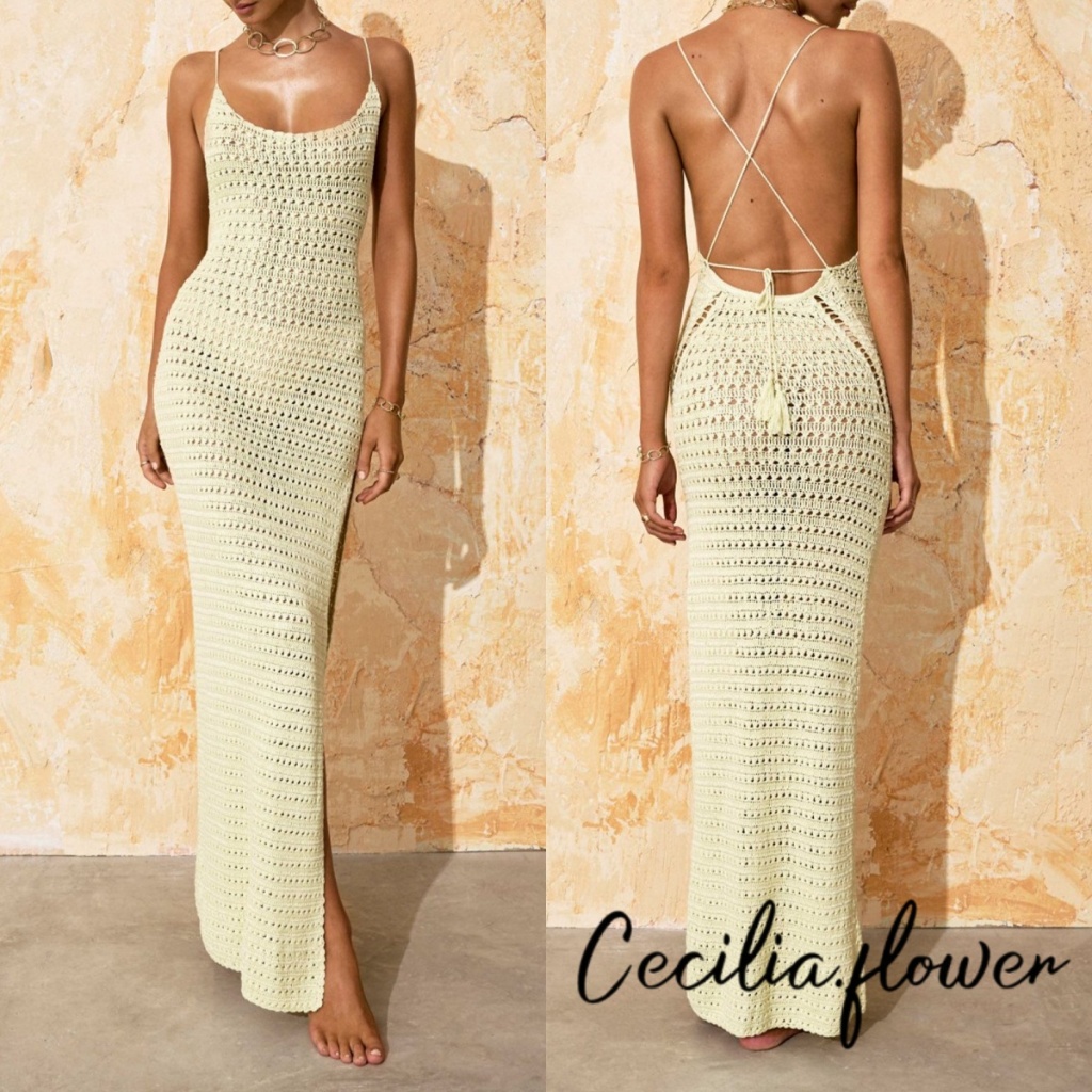 Đầm Cami dài mỏng không tay hở lưng xẻ tà váy đi biển dệt kim
