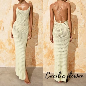 Đầm Cami dài mỏng không tay hở lưng xẻ tà váy đi biển dệt kim