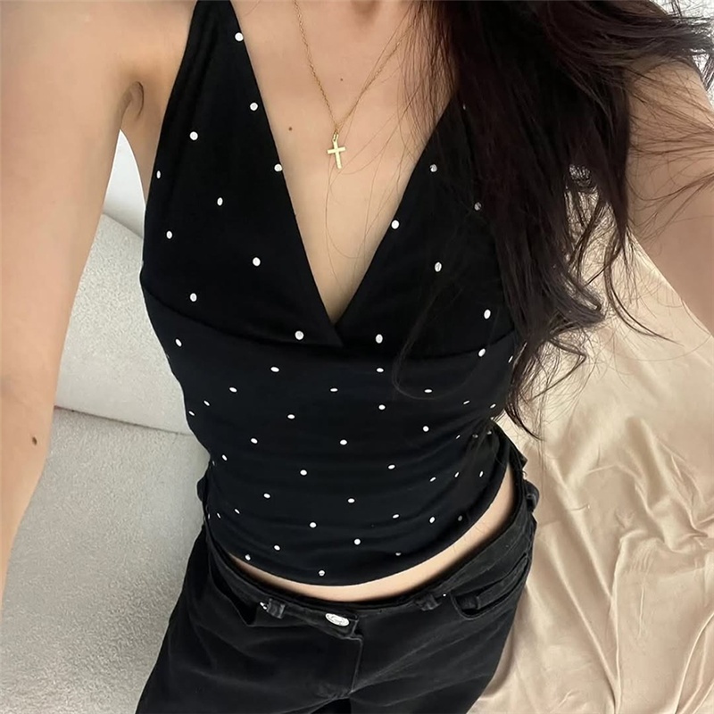 Cutenew Wave Point Dây Vest Sâu V Tắt Vai Chắp Vá Rốn Lộn Lưng Nữ Thời Trang Gợi Cảm Phong Cách Đa Năng