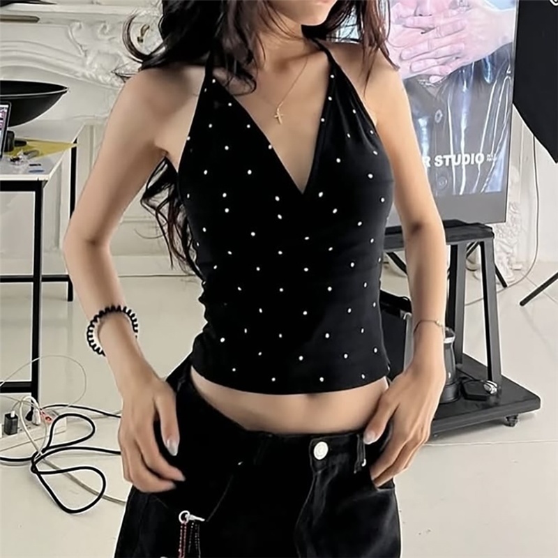 Cutenew Wave Point Dây Vest Sâu V Tắt Vai Chắp Vá Rốn Lộn Lưng Nữ Thời Trang Gợi Cảm Phong Cách Đa Năng