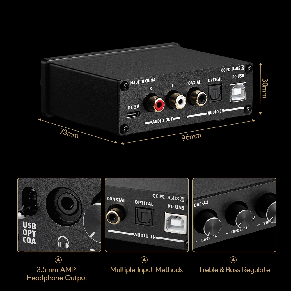 Bộ khuếch đại tai nghe AIYIMA DAC-A2 DAC có điều khiển âm trầm Đầu vào PC-USB / Quang học / Đồng trục Tai nghe RCA / 3.5mm Ouput Bộ chuyển đổi âm thanh máy tính để bàn kỹ thuật số sang Analog 5V 24Bit 192kHz | BigBuy360 - bigbuy360.vn