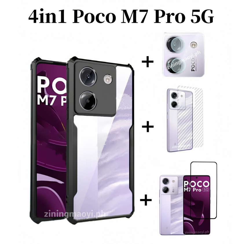 Ốp điện thoại di động chống rơi 4IN1 Poco M7 Pro 5G cho Poco M6 Pro X6 Pro Kính cường lực bảo vệ màn hình và phim mặt sau phim ống kính