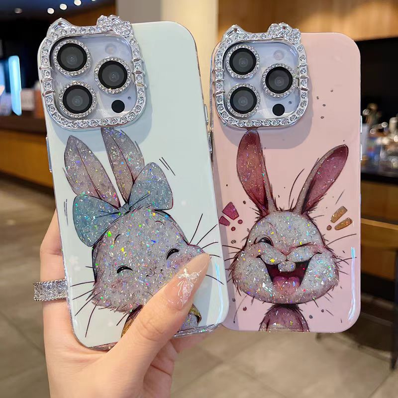 Ốp lưng cứng viền kim cương hình thỏ / mèo tương thích với 12 pro max 13 pro max 14 pro max 15 pro max 16 pro max