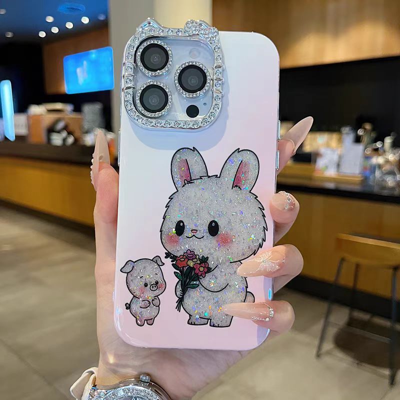 Ốp lưng cứng viền kim cương hình thỏ / mèo tương thích với 12 pro max 13 pro max 14 pro max 15 pro max 16 pro max