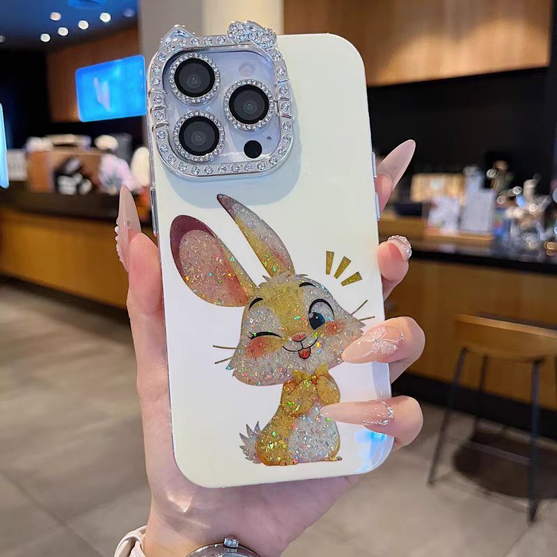 Ốp lưng cứng viền kim cương hình thỏ / mèo tương thích với 12 pro max 13 pro max 14 pro max 15 pro max 16 pro max