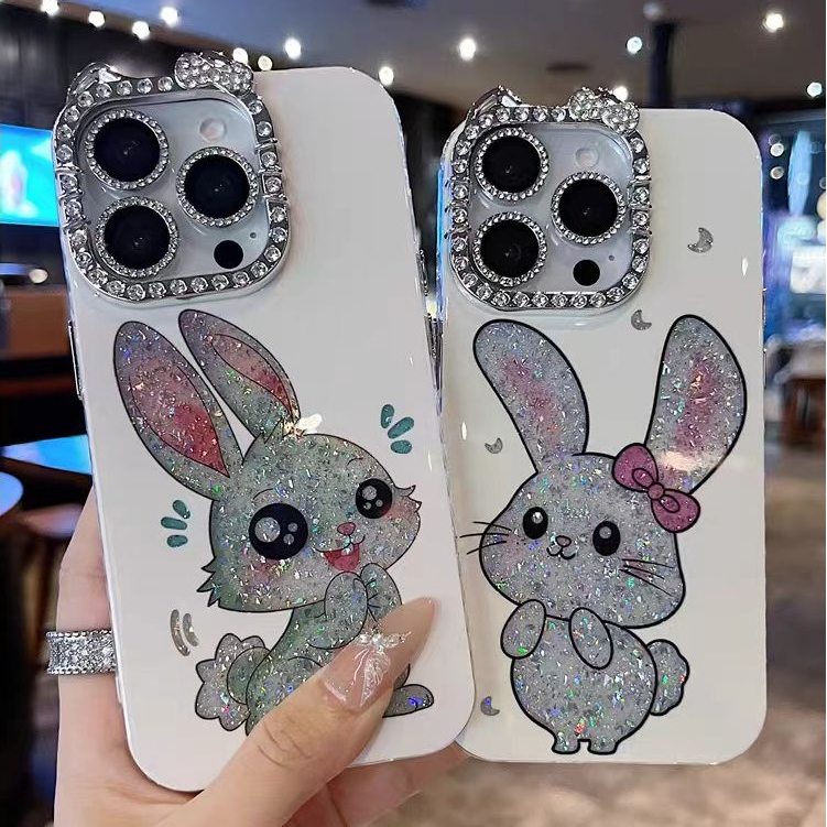 Ốp lưng cứng viền kim cương hình thỏ / mèo tương thích với 12 pro max 13 pro max 14 pro max 15 pro max 16 pro max