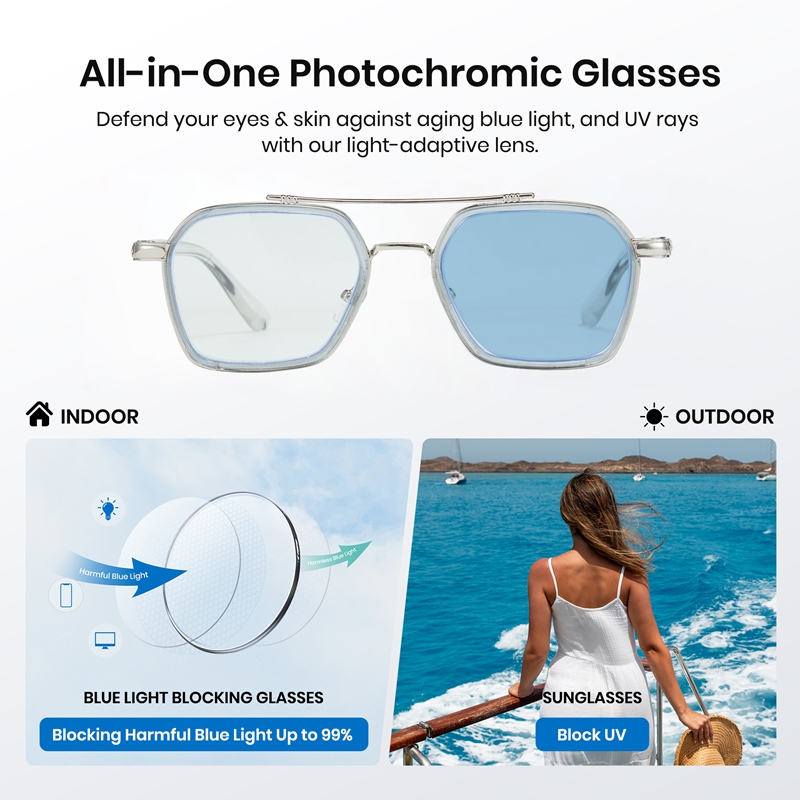 Cyxus Mắt Kính Đổi Màu Gọng Aviator Vuông Chống Ánh Sáng Xanh Bảo Vệ Mắt Ngoài Trời Máy Tính Điện Thoại 8260