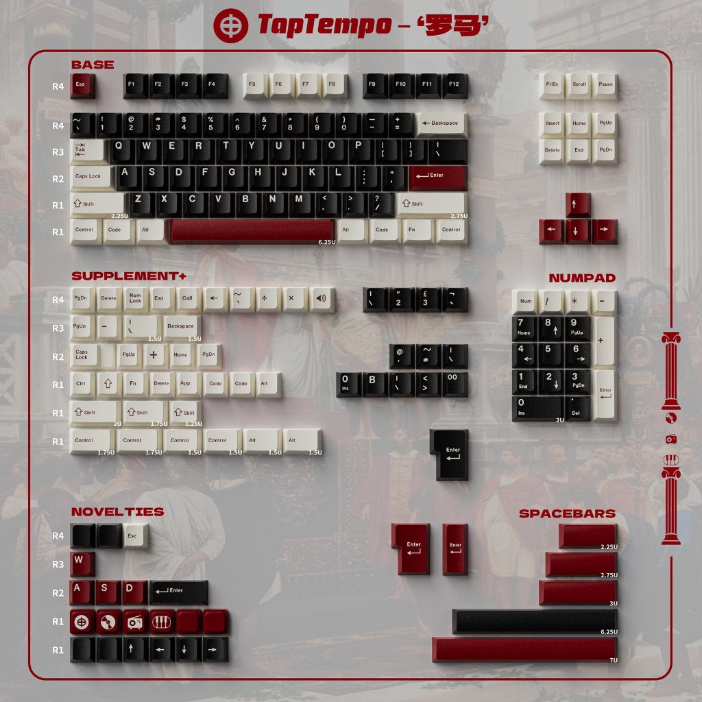 Taptempo Rome Keycap Đen PBT Bộ keycaps hồ sơ anh đào bắn đôi cho bàn phím cơ