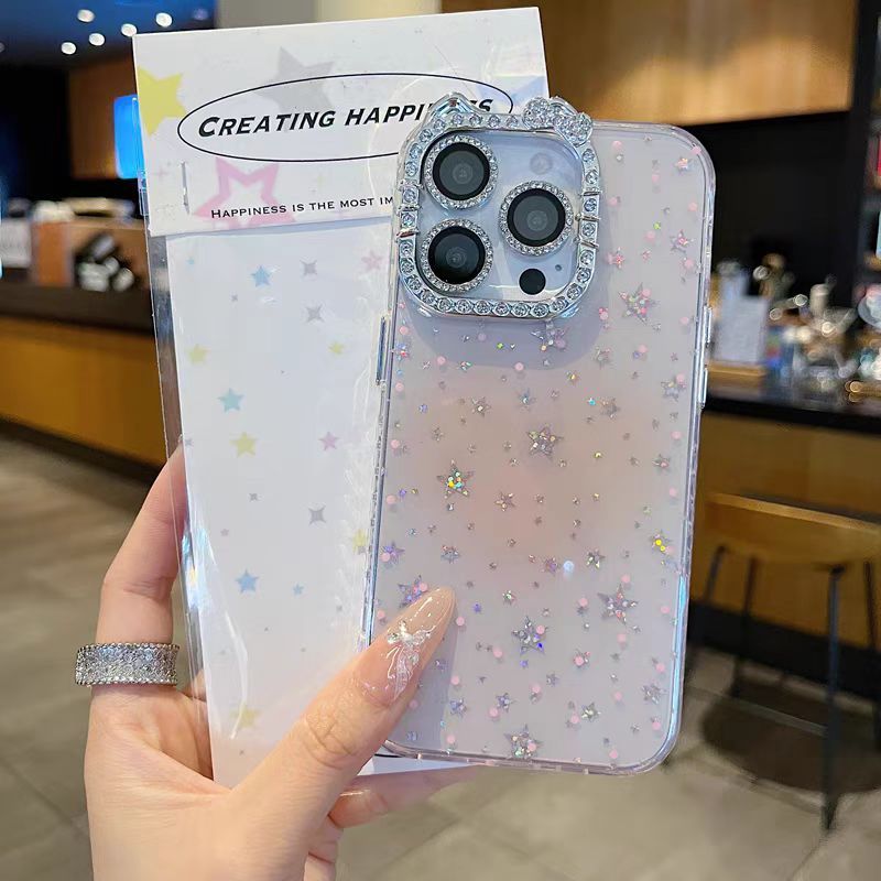 Ngôi sao lấp lánh trái tim / Tai mèo flash viền kim cương cứng tương thích cho 12 pro max 13 pro max 14 pro max 15 pro max 16 pro max