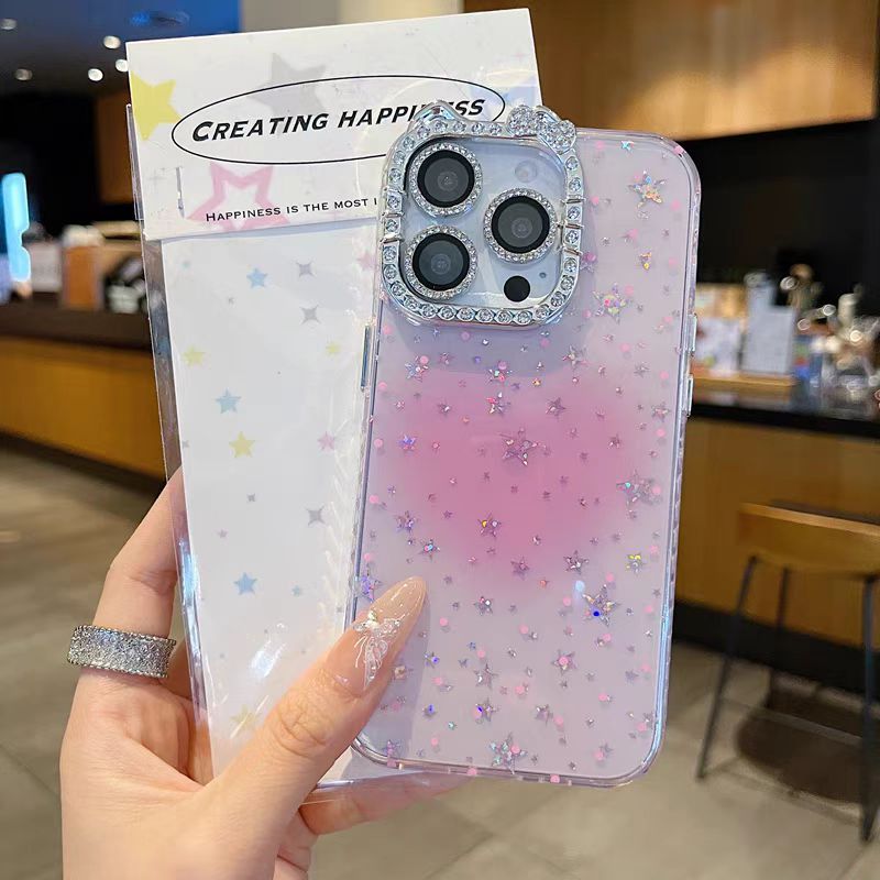 Ngôi sao lấp lánh trái tim / Tai mèo flash viền kim cương cứng tương thích cho 12 pro max 13 pro max 14 pro max 15 pro max 16 pro max