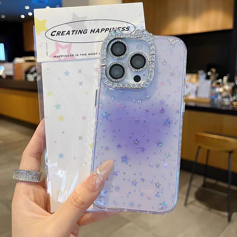 Ngôi sao lấp lánh trái tim / Tai mèo flash viền kim cương cứng tương thích cho 12 pro max 13 pro max 14 pro max 15 pro max 16 pro max