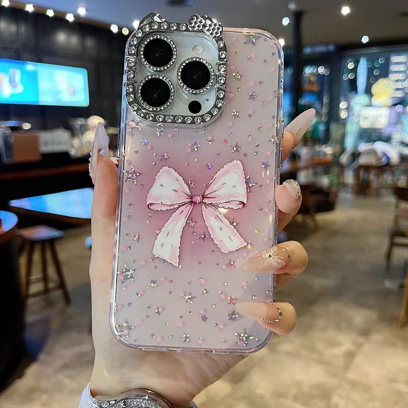 Ruy băng / màu trái tim / Tai mèo flash viền kim cương cứng tương thích cho 12 pro max 13 pro max 14 pro max 15 pro max 16 pro max