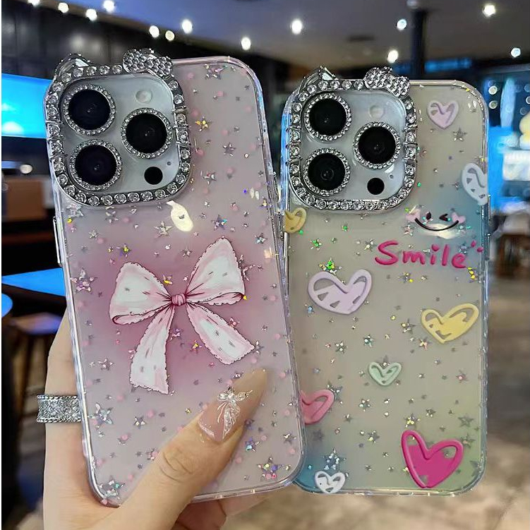 Ruy băng / màu trái tim / Tai mèo flash viền kim cương cứng tương thích cho 12 pro max 13 pro max 14 pro max 15 pro max 16 pro max