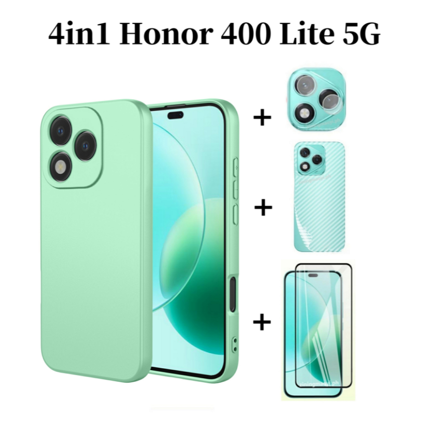 Ốp silicon lỏng giả 4in1 cho Honor 400 Lite 5G/400 Pro/200 5G/300 5G kèm kính cường lực, bảo vệ ống kính và mặt lưng