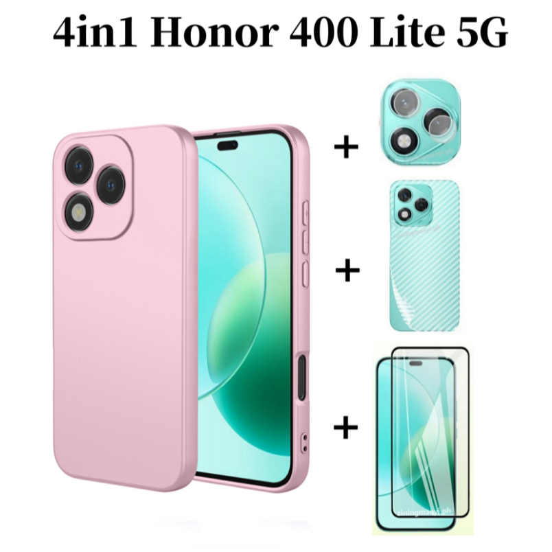 Ốp silicon lỏng giả 4in1 cho Honor 400 Lite 5G/400 Pro/200 5G/300 5G kèm kính cường lực, bảo vệ ống kính và mặt lưng