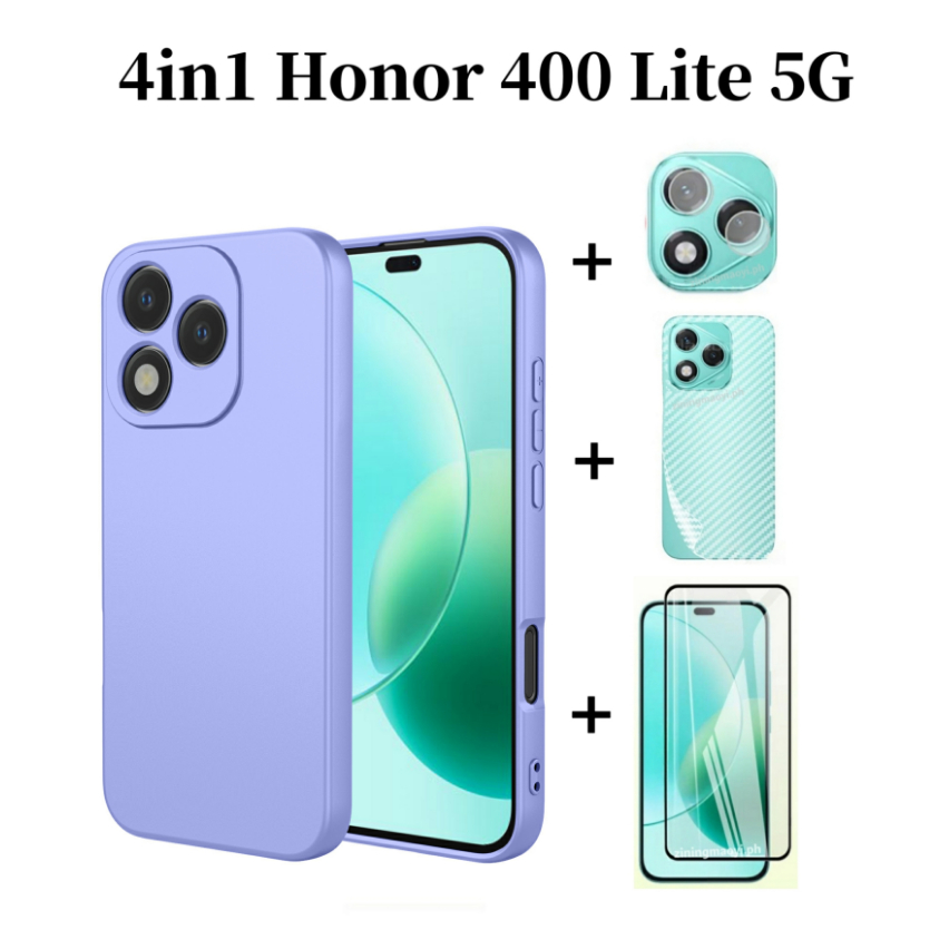 Ốp silicon lỏng giả 4in1 cho Honor 400 Lite 5G/400 Pro/200 5G/300 5G kèm kính cường lực, bảo vệ ống kính và mặt lưng