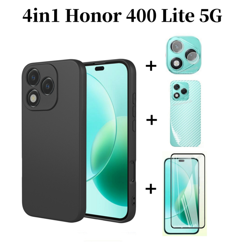 Ốp silicon lỏng giả 4in1 cho Honor 400 Lite 5G/400 Pro/200 5G/300 5G kèm kính cường lực, bảo vệ ống kính và mặt lưng